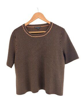 Adrianna Papell Brown Black Gingham Check Short Sleeve Knit Top Size XL Sweater